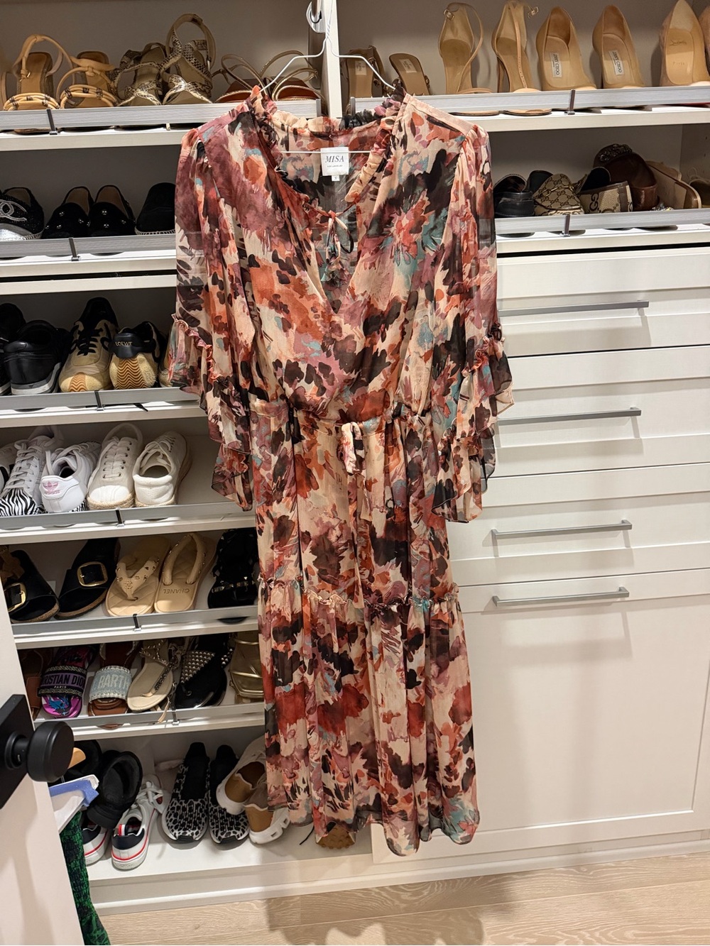 Gently worn MISA Los Angeles Floral Tiered Midi Dress in Multi